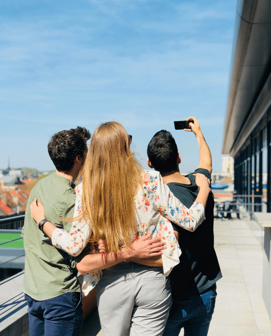 Friends taking a selfie on a balcony overlooking the city